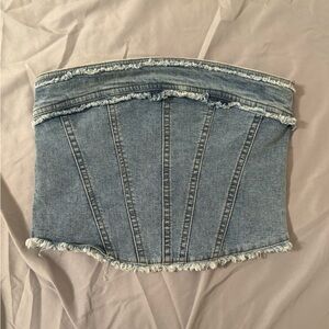 Urban Outfitters Blue Denim Strapless Top with Frayed Details